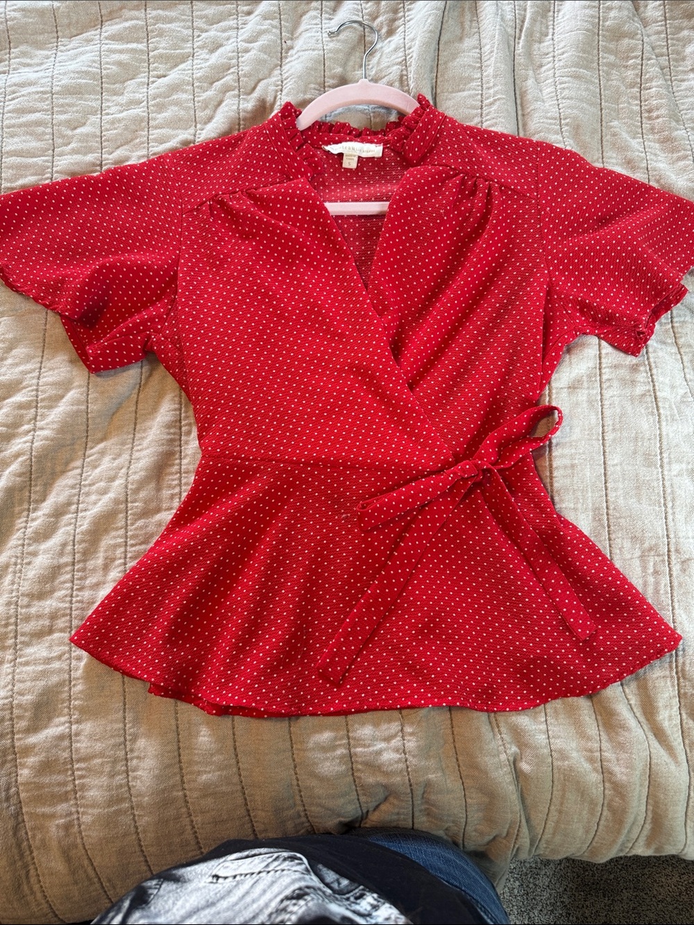 Red Polka Dot Wrap Blouse with Ruffle Collar